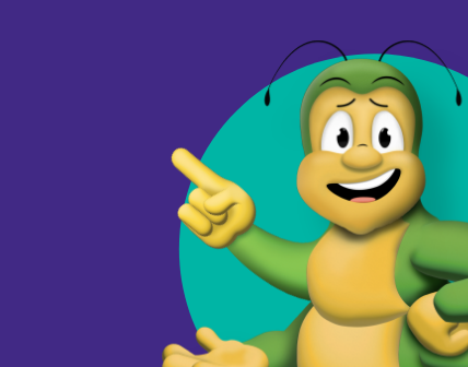 A cartoon-style green and yellow caterpillar looking concerned and pointing upward with his right hand.